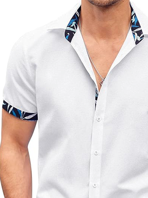 Side view of Men Plain Casual Summer Cotton Natural Breathable Daily Short Sleeve Regular Aloha Shirts