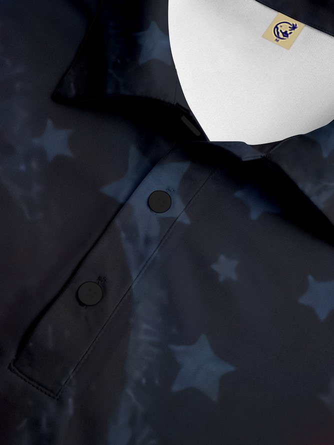 Side view of Men Casual Eagle Old Glory Summer Printing Lightweight Micro-Elasticity Household Regular Fit Buttons Casual Polo