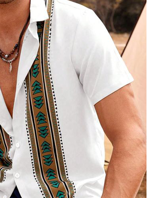Side view of Men Ethnic Casual Summer Cotton No Elasticity Commuting Short Sleeve Regular Pocket Stitching Bowling Shirts