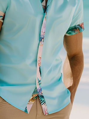 Side view of Men Casual Plain Summer Natural Short Sleeve Regular H-Line Regular Shirt Collar Aloha Shirts