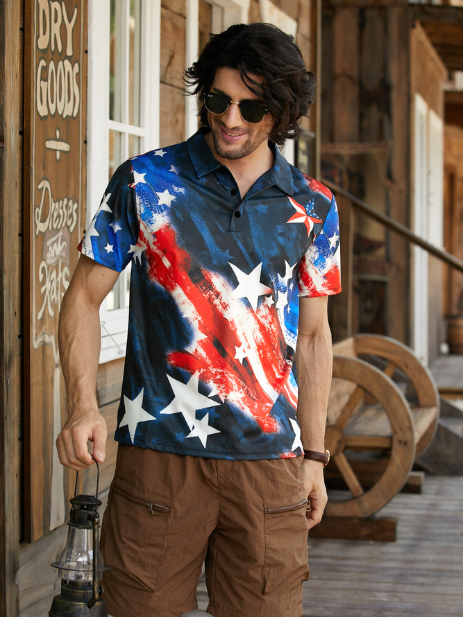 Side view of Men Casual Eagle Old Glory Summer Printing Lightweight Micro-Elasticity Household Regular Fit Buttons Casual Polo
