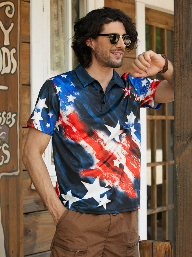 Side view of Men Casual Eagle Old Glory Summer Printing Lightweight Micro-Elasticity Household Regular Fit Buttons Casual Polo