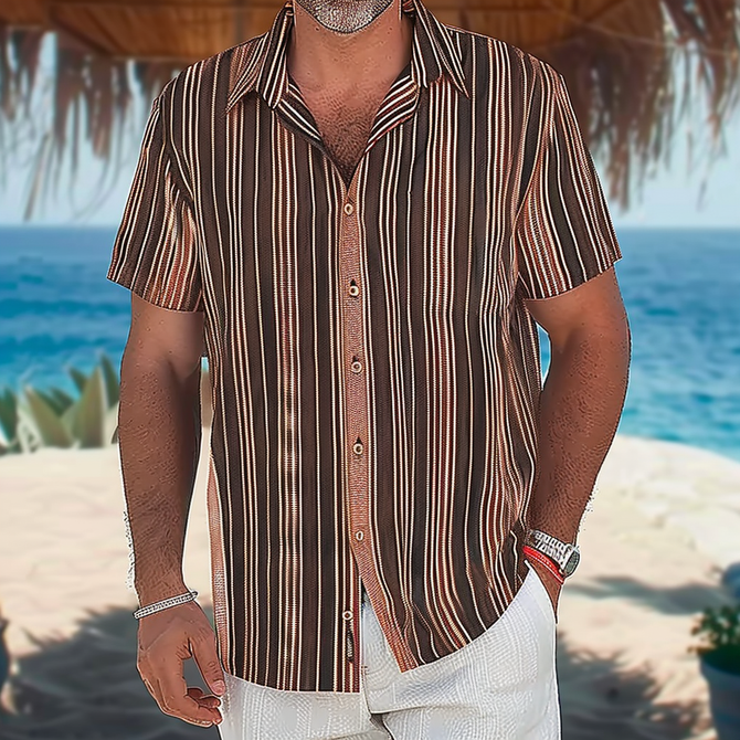 Side view of Striped Casual Summer Polyester Lightweight Micro-Elasticity Loose Short Sleeve Regular Aloha Shirts for Men