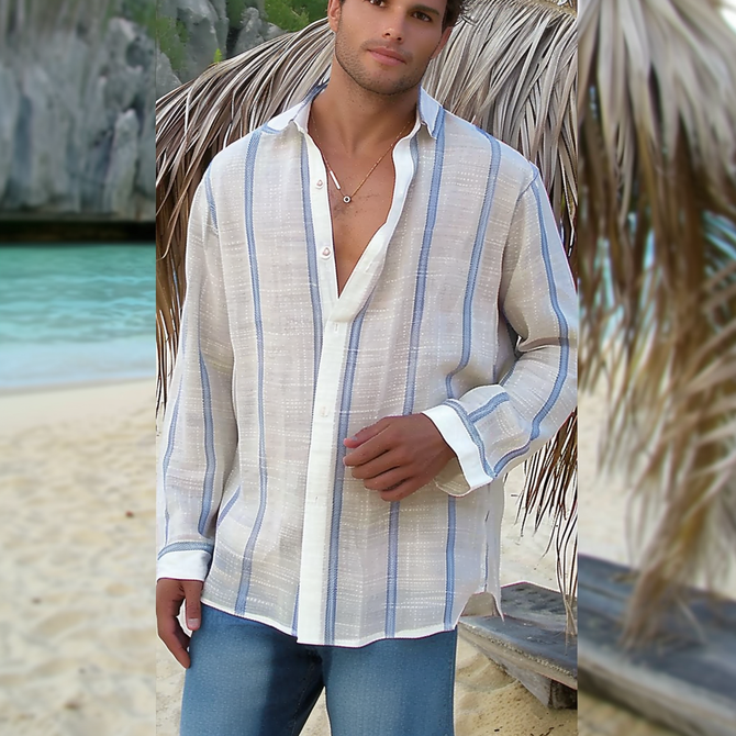 Side view of Men Striped Casual Spring/Fall Lightweight Micro-Elasticity Breathable Daily Long Sleeve Regular Sleeve Aloha Shirts
