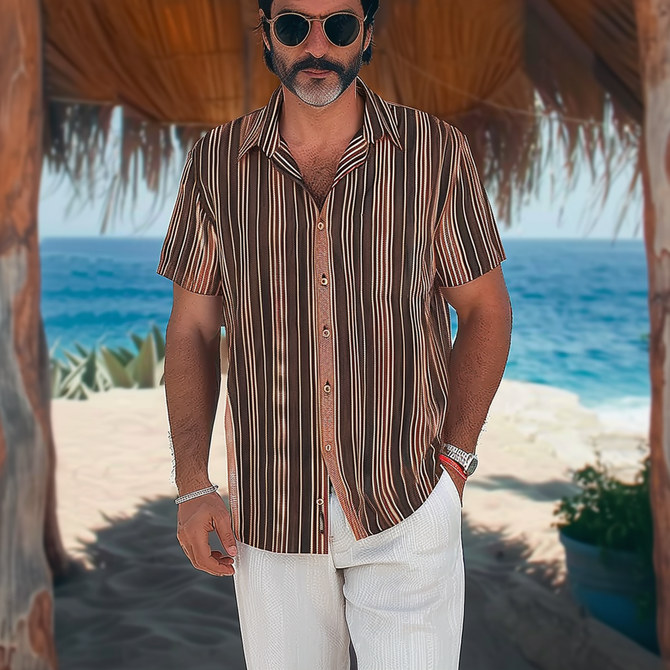 Side view of Striped Casual Summer Polyester Lightweight Micro-Elasticity Loose Short Sleeve Regular Aloha Shirts for Men