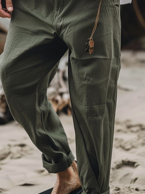 Side view of Men Casual Plain Spring/Fall No Elasticity Loose Wide leg pants H-Line Regular Pocket Stitching Pants
