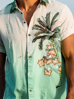 Side view of Men Casual Ombre Summer Holiday Loose Regular H-Line Regular Pocket Stitching Aloha Shirts