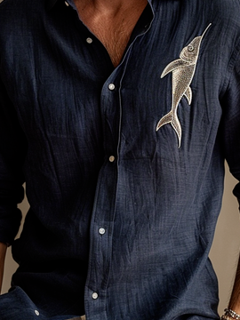 Side view of Casual Plain Spring/Fall Micro-Elasticity Regular H-Line Regular Shirt Collar Pocket Stitching Aloha Shirts for Men