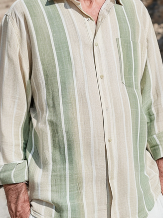 Side view of Men Striped Casual Spring/Fall Natural Daily Loose Long Sleeve Regular Shirt Collar Guayabera Shirts
