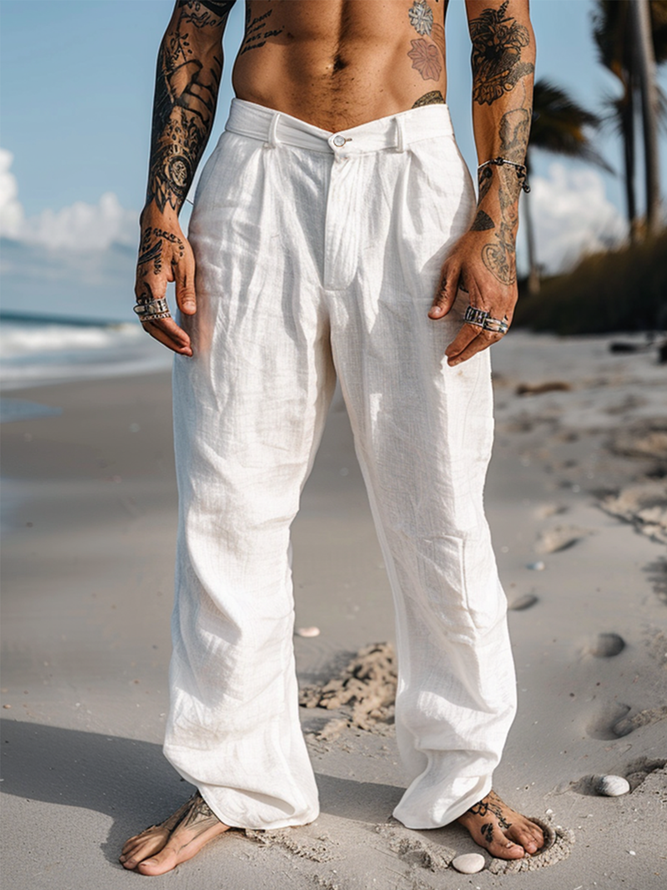 Side view of Men Casual Plain Spring/Fall Cotton Natural Wicking Wide leg pants H-Line Pocket Stitching Pants