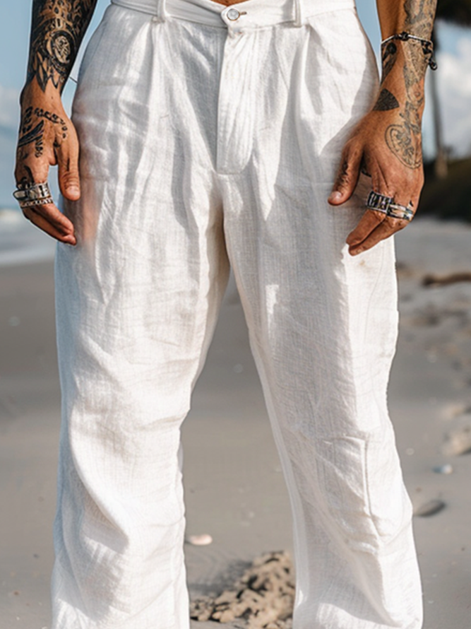 Side view of Men Casual Plain Spring/Fall Cotton Natural Wicking Wide leg pants H-Line Pocket Stitching Pants