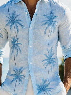 Side view of Men Casual Spring/Fall Coconut Tree No Elasticity Holiday Regular H-Line Shirt Collar Pocket Stitching Aloha Shirts