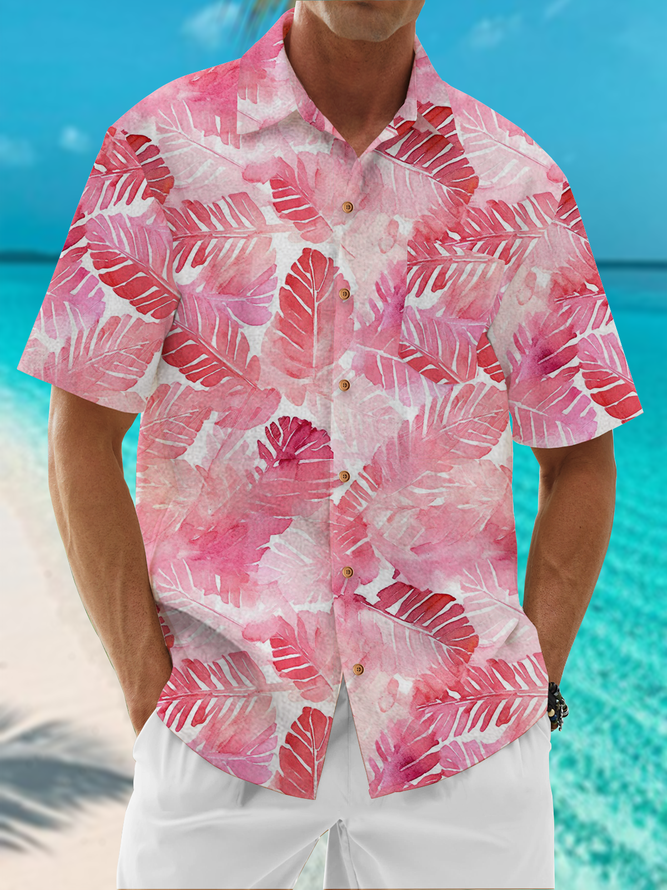 Side view of Men Casual Summer Plants Polyester Natural Vacation Regular Shirt Collar Pocket Stitching Aloha Shirts
