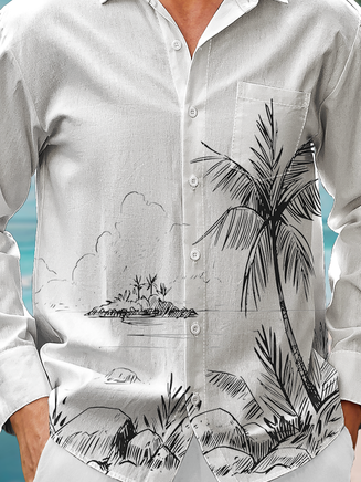 Side view of Men Casual Spring/Fall Coconut Tree Wicking Loose Long Sleeve Regular Regular Shirt Collar Aloha Shirts