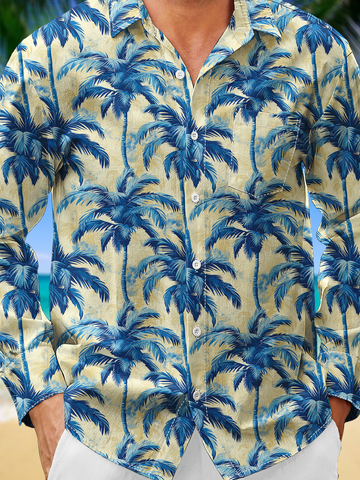 Side view of Men Casual Spring/Fall Coconut Tree Wicking Long Sleeve Regular H-Line Regular Shirt Collar Aloha Shirts