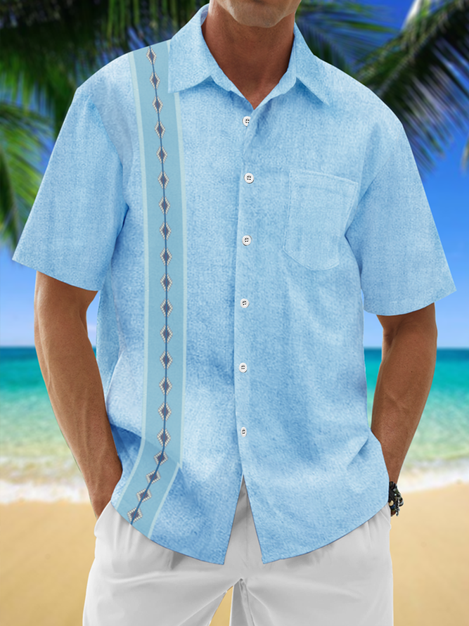 Men Striped Casual Summer Natural Commuting Short Sleeve H-Line Shirt Collar Pocket Stitching Guayabera Shirts-image-16303883