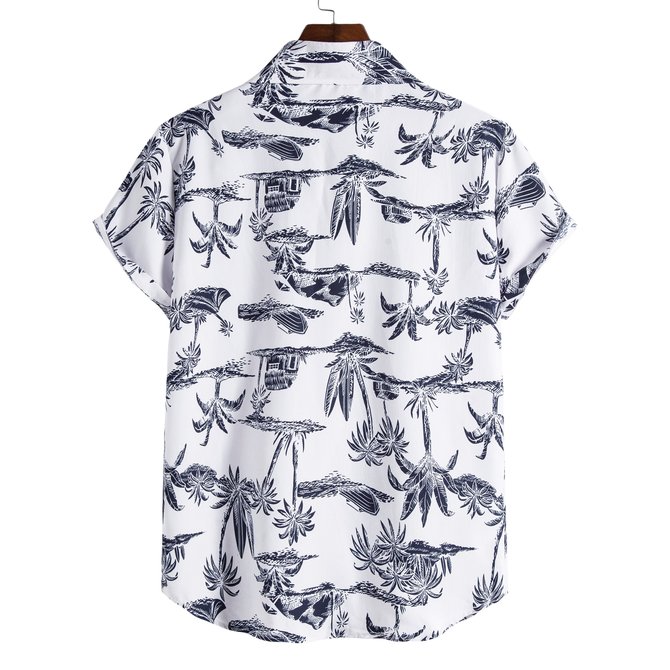 White-Black Plants Beach Printed Shirt Collar Shirt