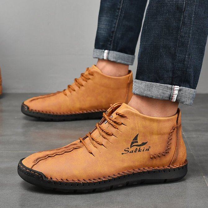 Men Microfiber Leather Hand Stitching Non Slip Casual Ankle Boots
