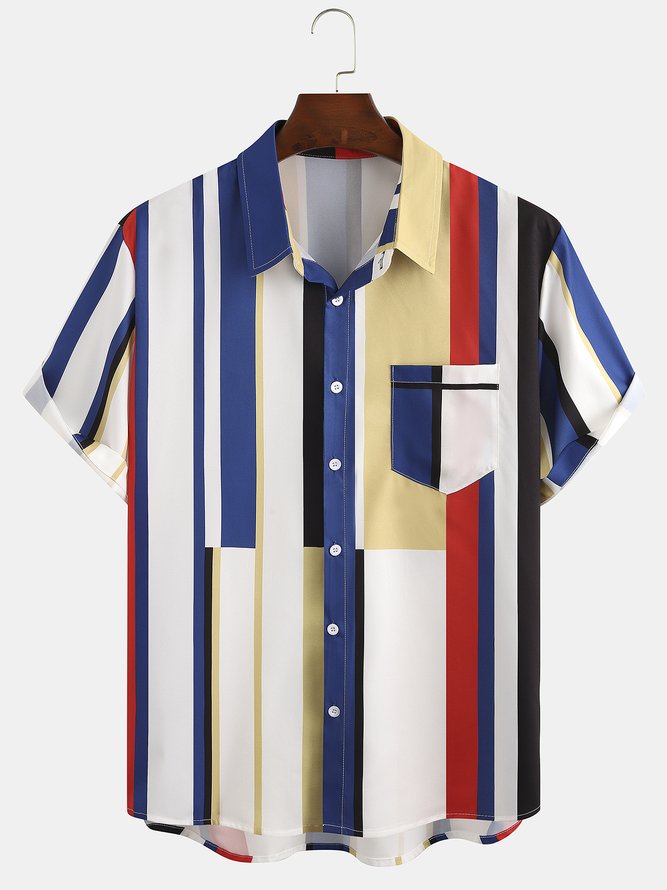 Mens Colorful Striped Print Loose Chest Pocket Short Sleeve Hawaiian Shirts