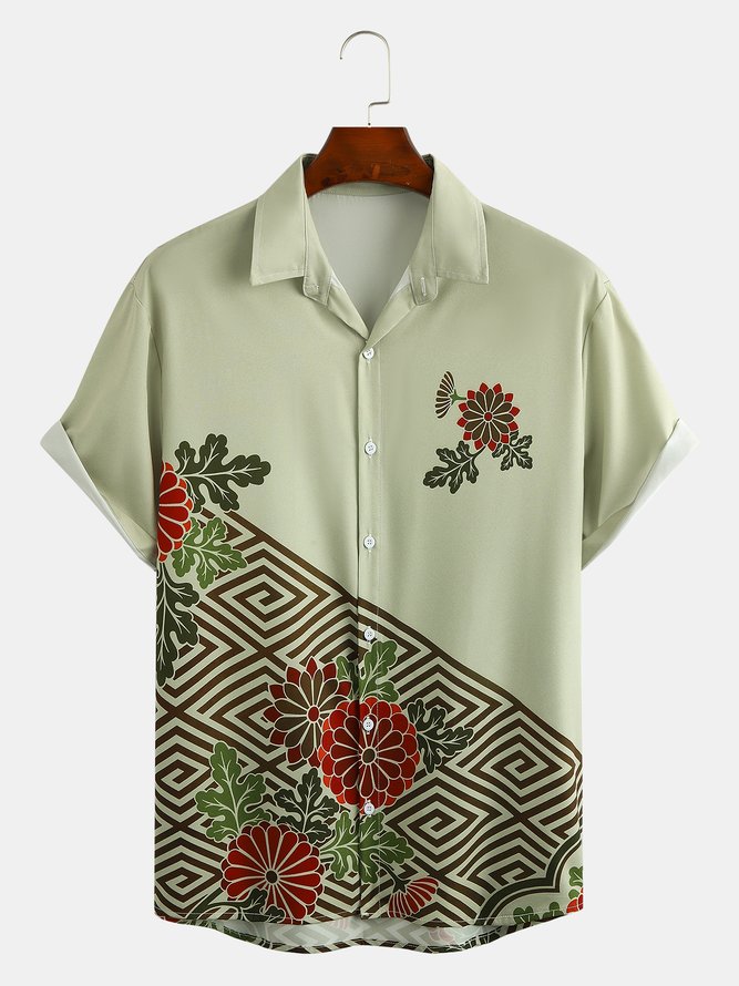 Traditional Floral Graphic Men's Casual Hawaiian Short Sleeve Shirt