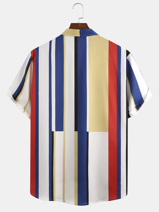 Mens Colorful Striped Print Loose Chest Pocket Short Sleeve Hawaiian Shirts