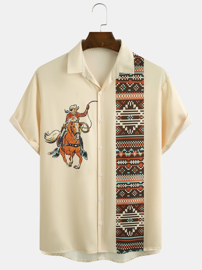Mens Western Denim Print Casual Vintage Short Sleeve Shirt