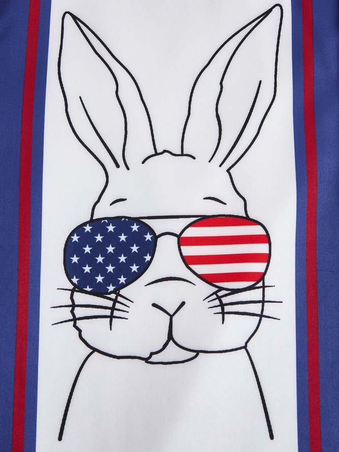 Mens Easter Bunny Rabbit American Flag Print Chest Pocket Loose Short Sleeve Hawaiian Shirt