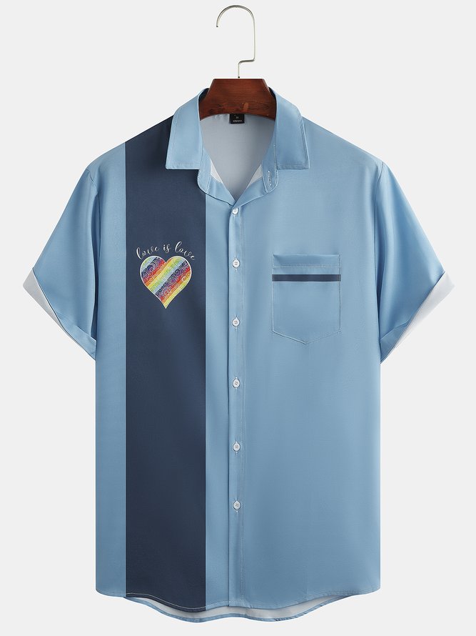 Mens LGBT Heart Print Lapel  Fit Chest Pocket Short Sleeve Funky Bowling Shirts