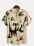 Mens Casual Mid-Century Retro Geometric Cat Guitar Lapel Short Sleeve Shirt Chest Pocket Shirt