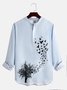 Tree and Birds Print Long Sleeve Shirt   Casual Style Henley Collar Top