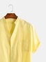 Mens Linen Soild Brief Breathable Short Sleeve Stand Collar Casual Shirt