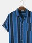 Mens Retro Stripe Chest Pocket Cotton Casual Short Sleeve Shirt