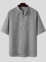 Mens Linen Solid Color Pinstripe Stand Collar Casual Short Sleeve Henley Shirt