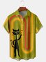 Casual Art Collection Geometric Color Block Cat Element Pattern Lapel Short Sleeve Chest Pocket Shirt Print Top