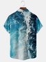 Mens Ocean Waves Print Front Buttons Soft Breathable Chest Pocket Casual Hawaiian Shirt