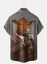 Cow Drinking Red Wine Chest Pocket Short Sleeve Casual Shirt
