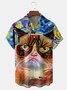 Cat Oil Painting Chest Pocket Short Sleeve Casual Shirt