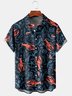 Mens Sea Life Lobster Print Lapel Loose Chest Pocket Short Sleeve Funky Hawaiian Shirt