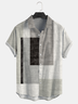 Cotton Linen Style Geometric Striped Abstract Print Lapel Comfort Linen Shirt