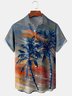 Casual Art Series Retro Gradient Oil Painting Coconut Tree Element Pattern Lapel Short Sleeve Shirt Print Top