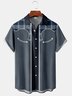Men's Vintage Denim Print Front Button Soft Breathable Fake Pocket Casual Western Shirt