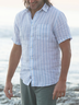 Cotton and linen American casual style stripes linen shirts with short sleeves