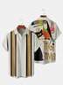 Mens Casual Art Collection Mid-Century Retro Geometric Stripes Color Block Cat Parrot Short Sleeve Shirt Lapel Chest Pocket Print