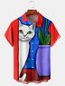 Cat Painting Chest Pocket Short Sleeve Casual Shirt